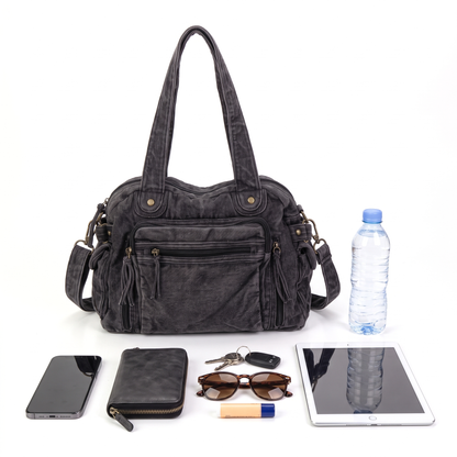 Women's Washed Denim Shoulder Bag, what fits inside