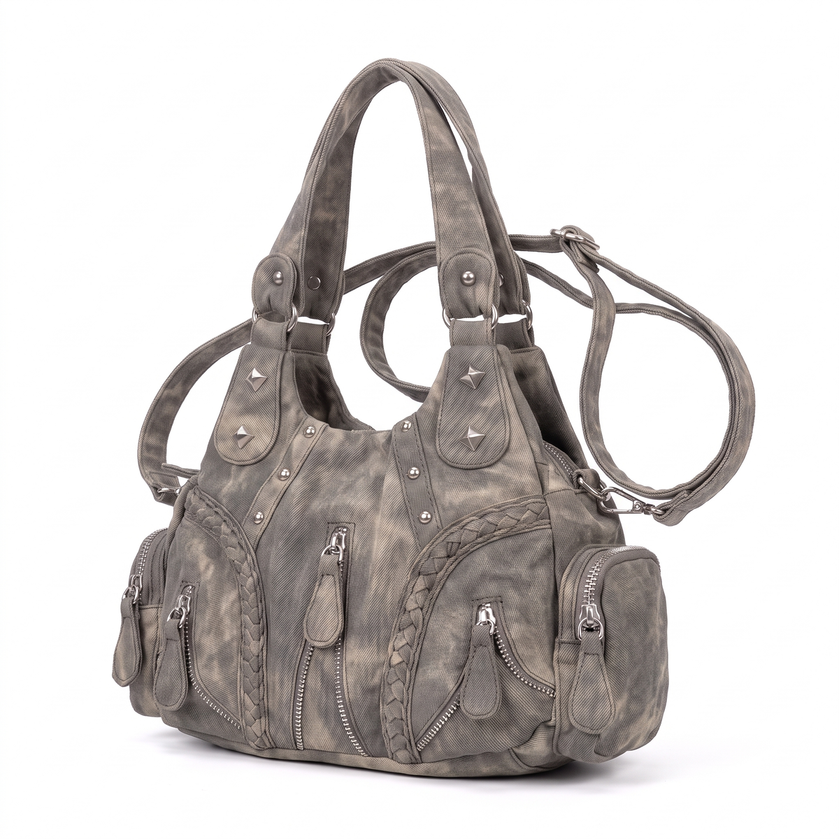 Women's Washed Denim Hobo Bag, three-quarter view