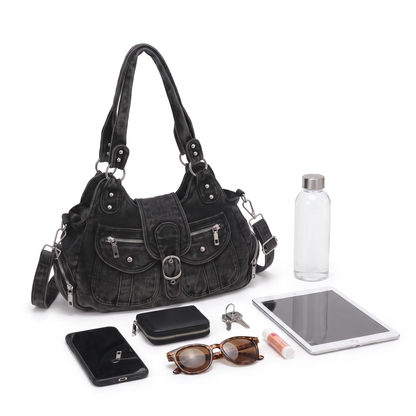 Women's Washed Denim Shoulder Bag, what fits inside