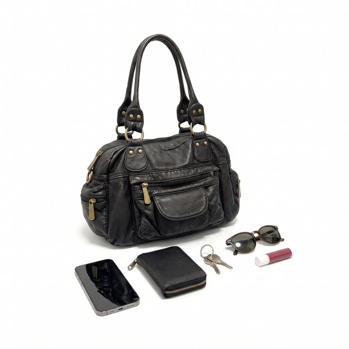 Women's Washed Faux Leather Bowling Bag, what fits inside