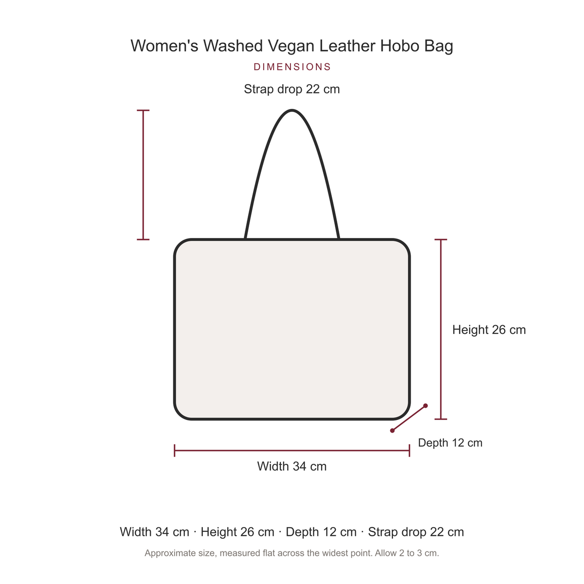 Women's Washed Vegan Leather Hobo Bag, dimensions