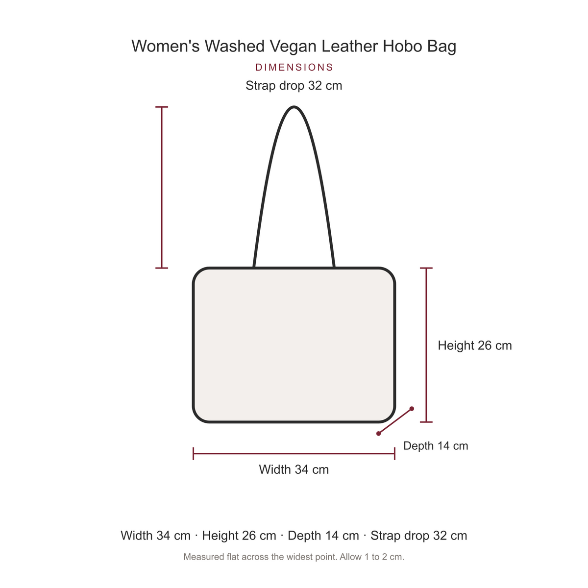 Women's Washed Vegan Leather Hobo Bag, dimensions