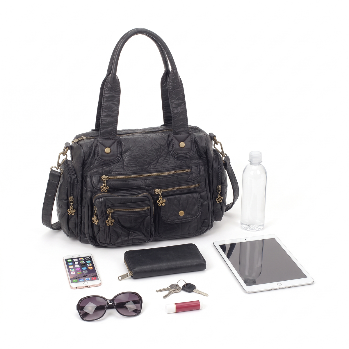 Women's Washed Faux Leather Multi Pocket Shoulder Bag, what fits inside