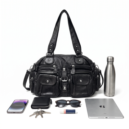 Women's Washed Faux Leather Pocket Shoulder Bag, what fits inside
