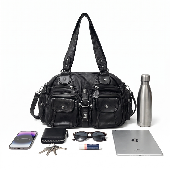 Women's Washed Faux Leather Pocket Shoulder Bag, what fits inside