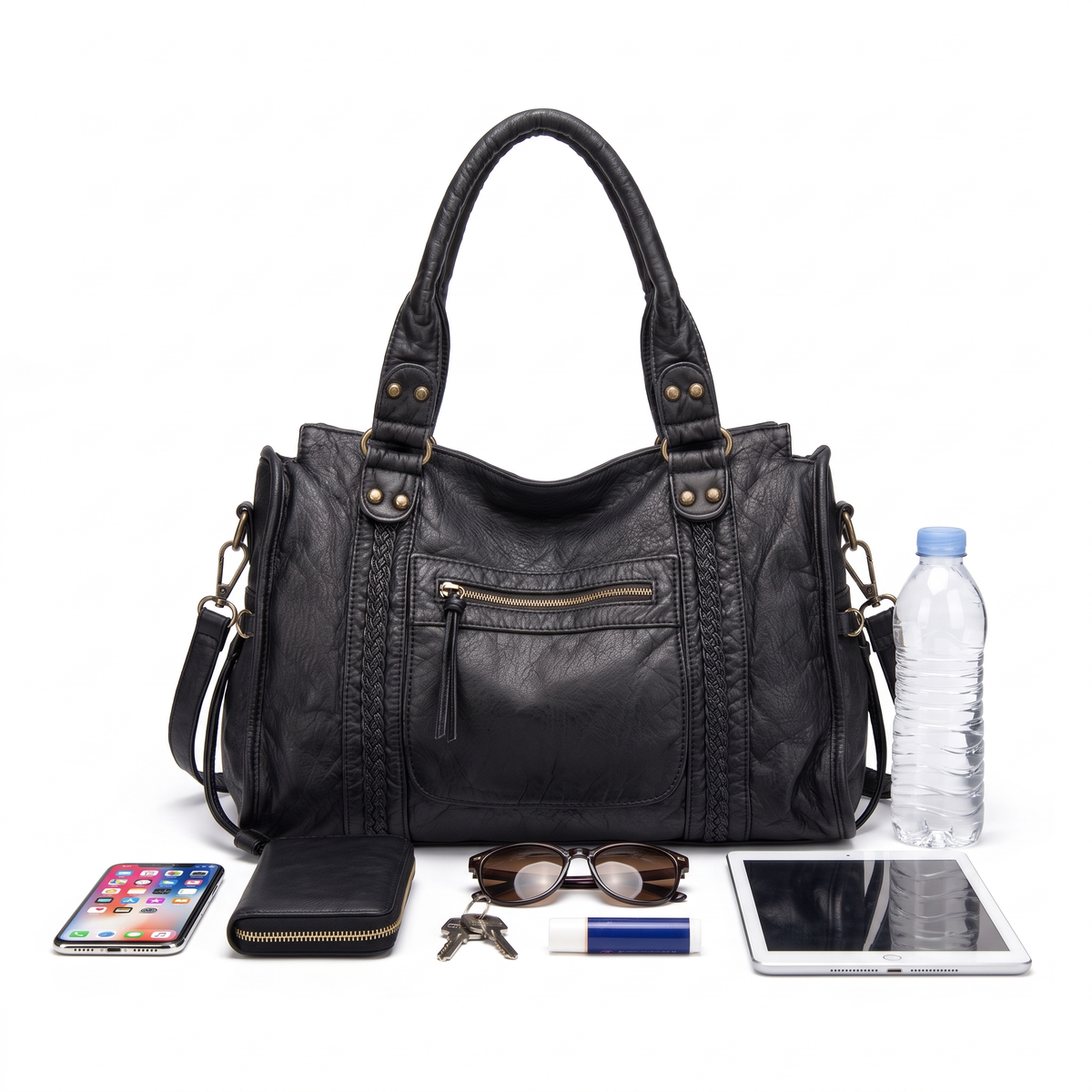 Women's Washed Faux Leather Shoulder Bag, what fits inside