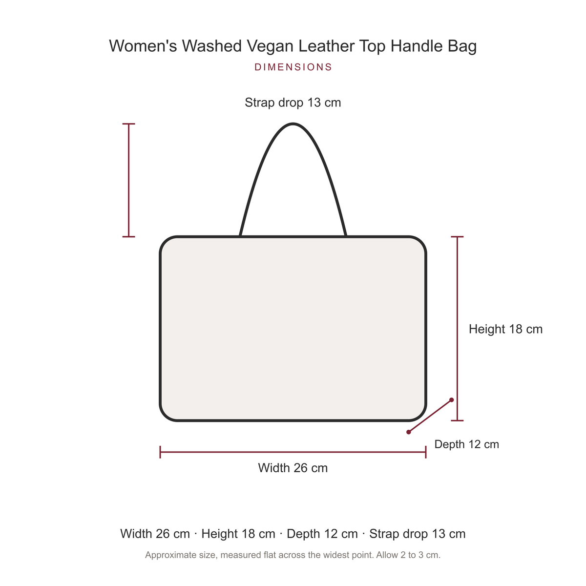 Women's Washed Vegan Leather Top Handle Bag, dimensions