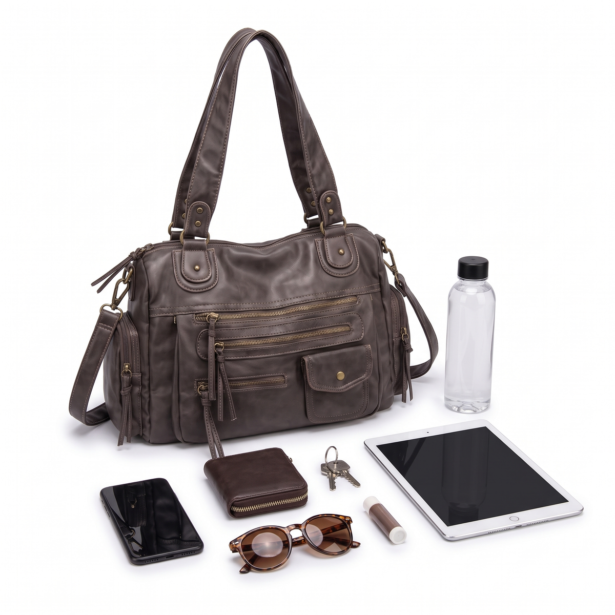 Women's Washed Faux Leather Zip Pocket Shoulder Bag, what fits inside