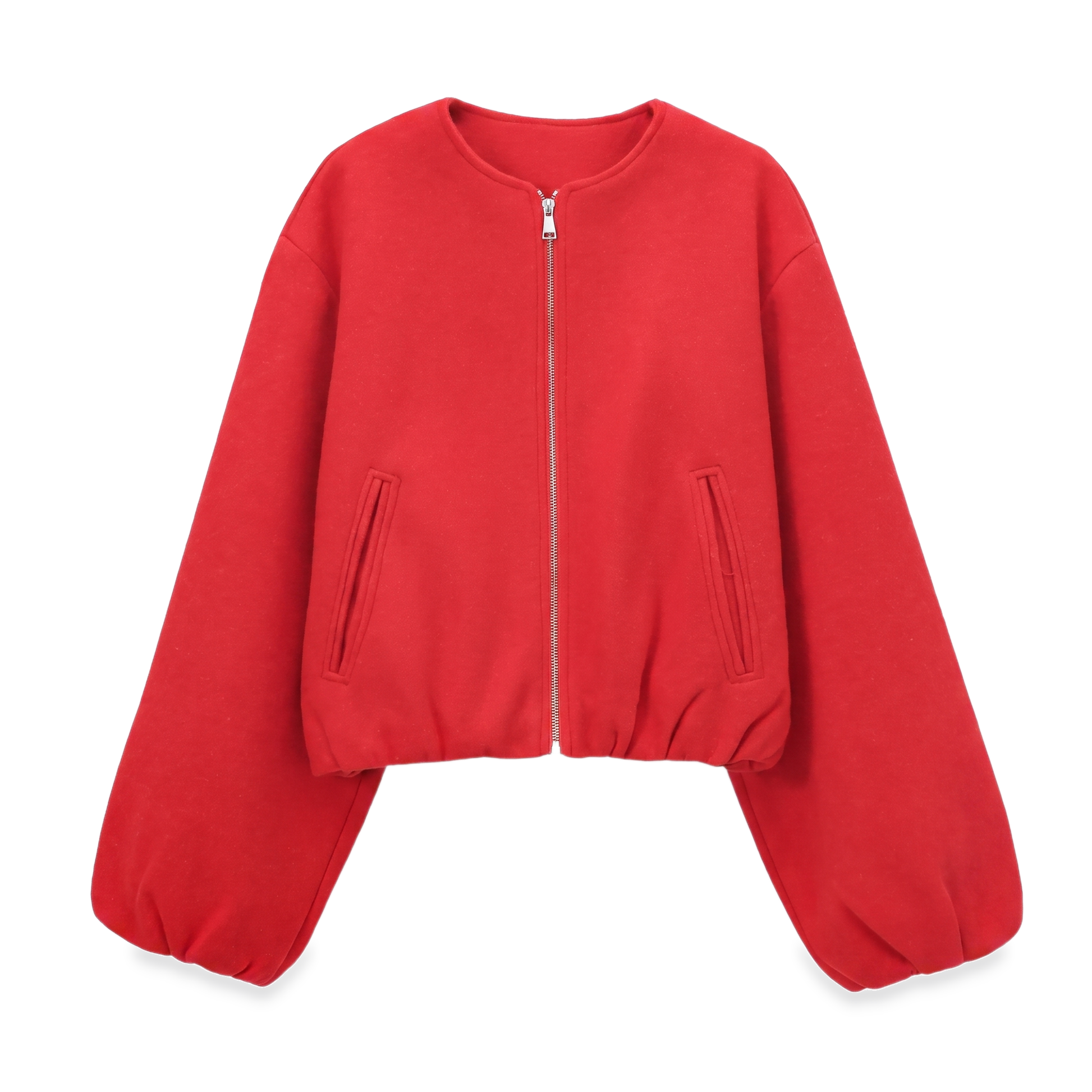 Sunoire red zip front cropped jacket garment flatlay 01