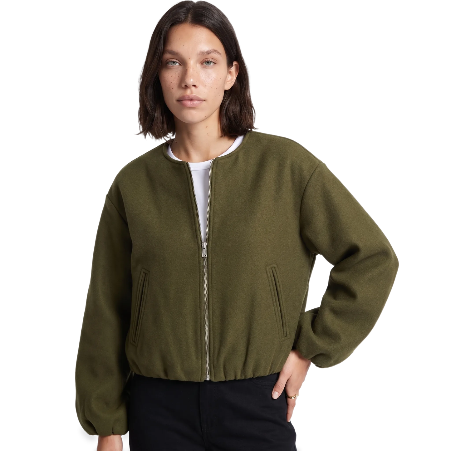 Sunoire red zip front cropped jacket colorway dark green front crop 01