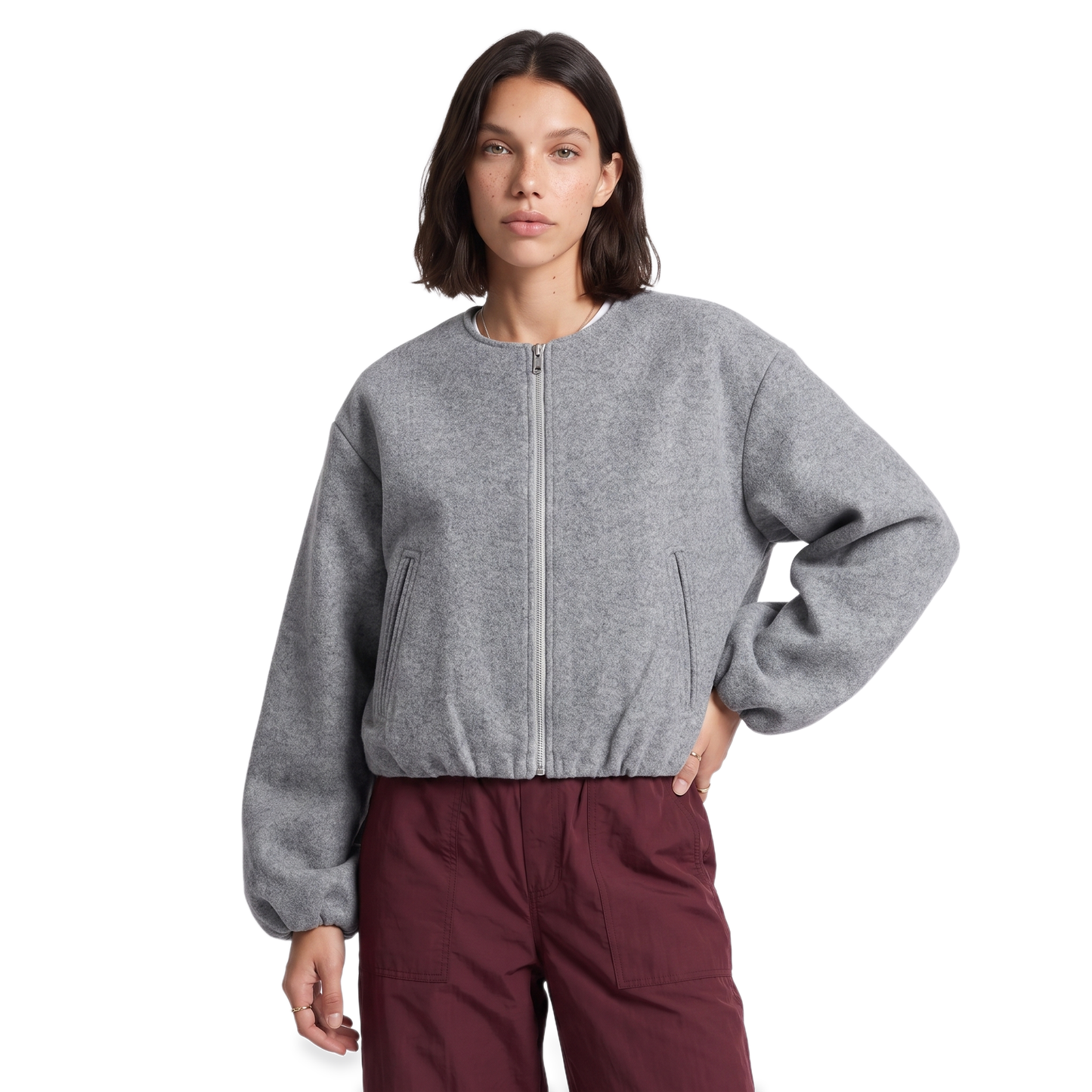 Sunoire red zip front cropped jacket colorway gray front crop 01