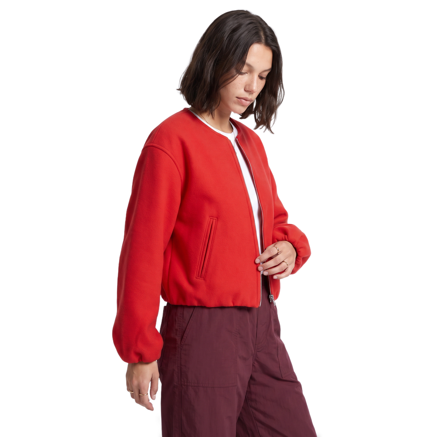 Sunoire red zip front cropped jacket top crop 3q 01