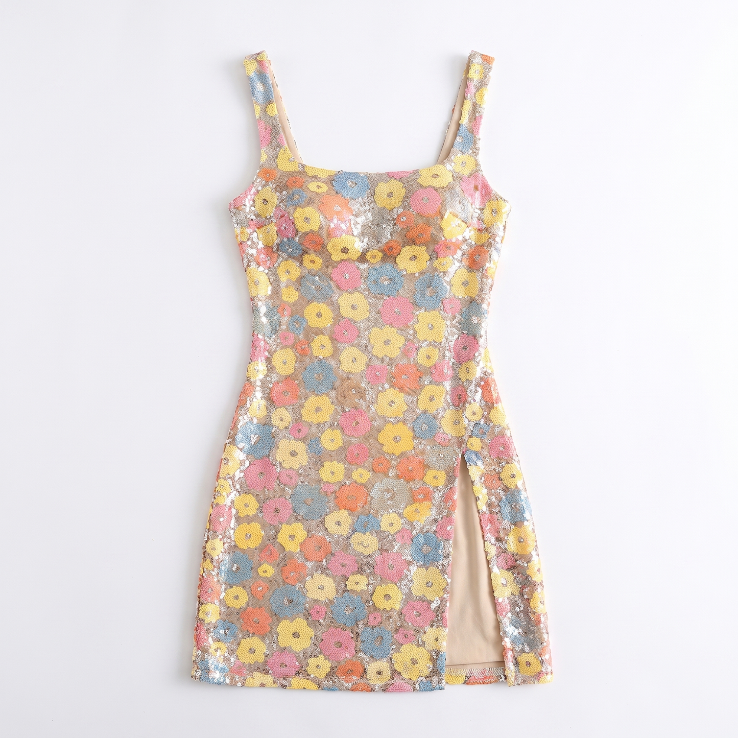 Sunoire women summer fashion clothes thin strap follow pattern sequins floral vacation mini dress garment flatlay 01