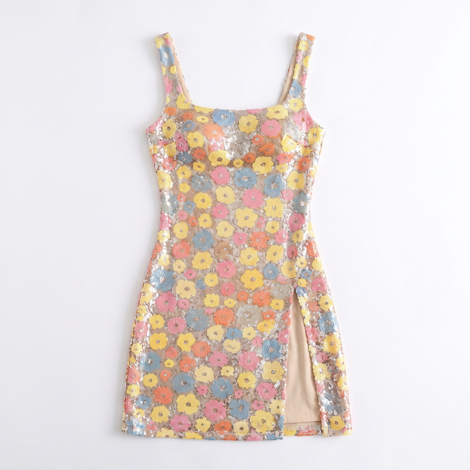 Sunoire women summer fashion clothes thin strap follow pattern sequins floral vacation mini dress garment flatlay 01
