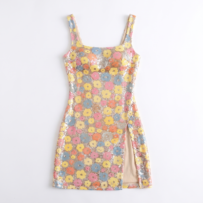 Sunoire women summer fashion clothes thin strap follow pattern sequins floral vacation mini dress garment flatlay 01