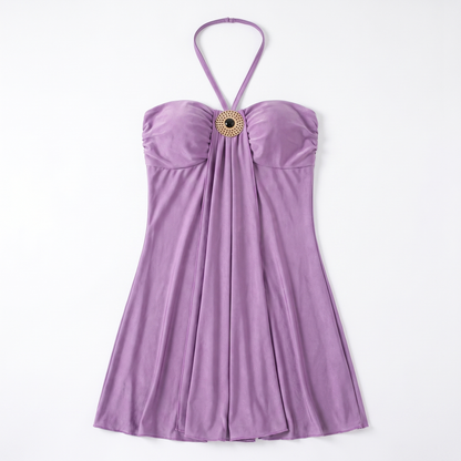 Sunoire women summer purple slimming sexy sleeveless strapless halter ribbon mini party dresses for ladies garment flatlay 01