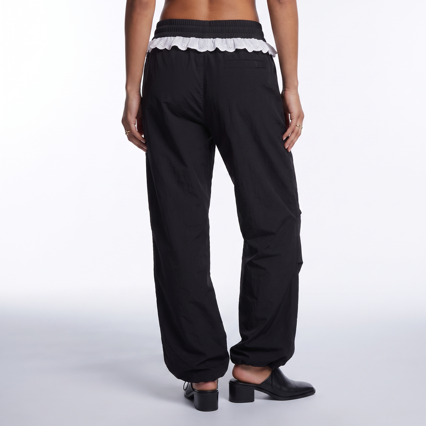 Sunoire women vintage lace patchwork pants y2k streetwear low rise wide leg trousers korean fashion casual black women baggy pants bottom back crop 01