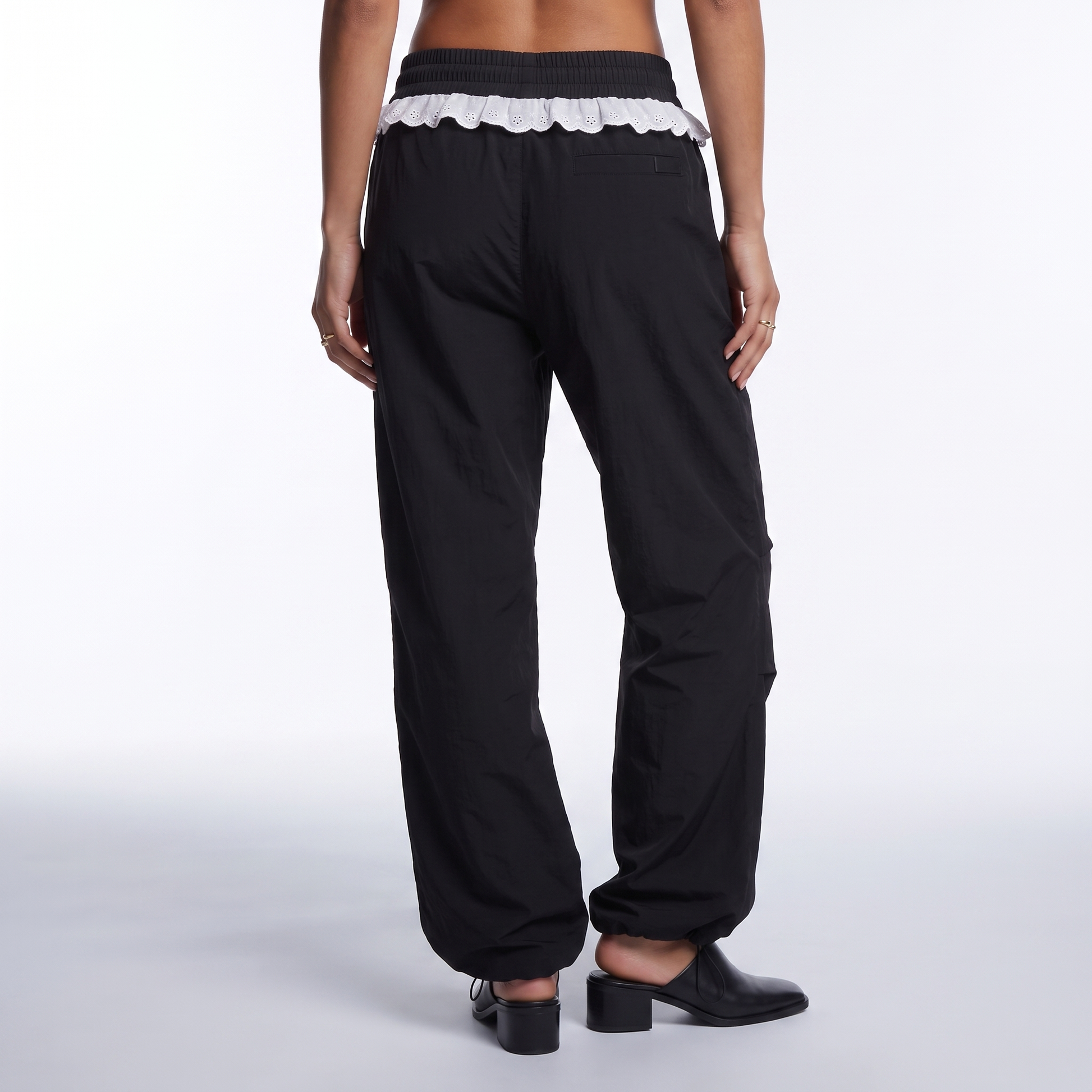 Sunoire women vintage lace patchwork pants y2k streetwear low rise wide leg trousers korean fashion casual black women baggy pants bottom back crop 01