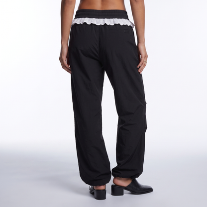 Sunoire women vintage lace patchwork pants y2k streetwear low rise wide leg trousers korean fashion casual black women baggy pants bottom back crop 01