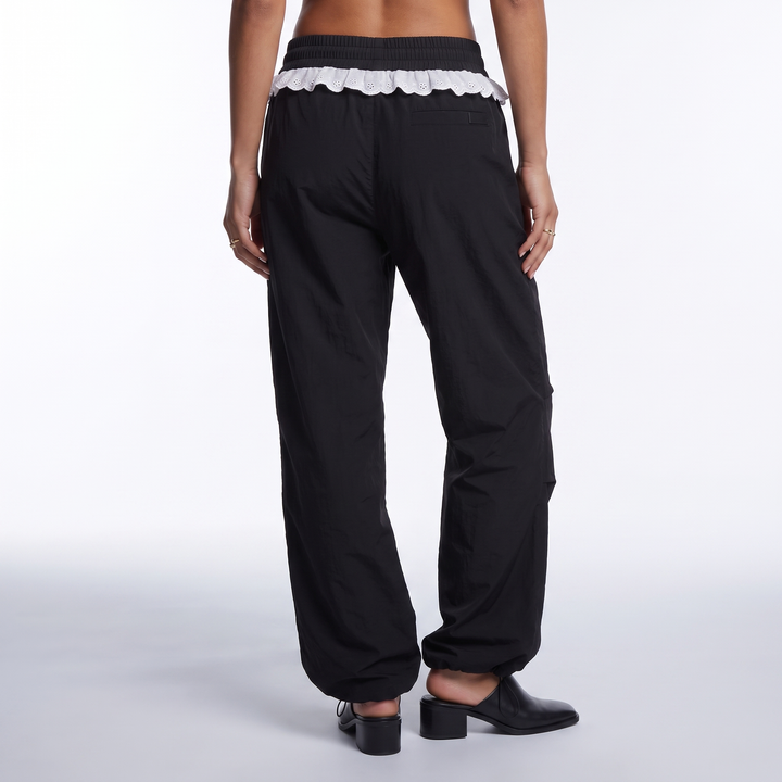 Sunoire women vintage lace patchwork pants y2k streetwear low rise wide leg trousers korean fashion casual black women baggy pants bottom back crop 01