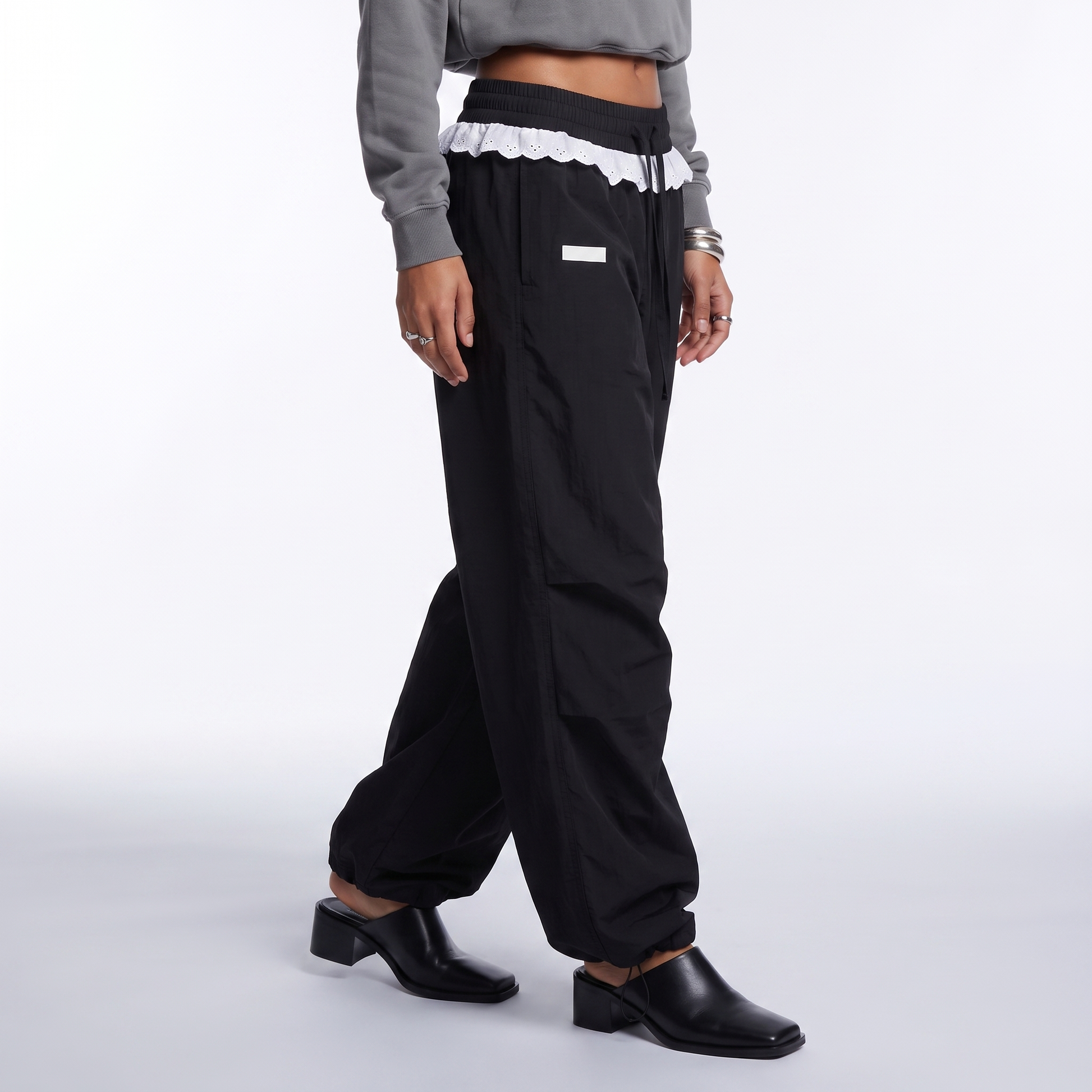 Sunoire women vintage lace patchwork pants y2k streetwear low rise wide leg trousers korean fashion casual black women baggy pants bottom crop 3q 01