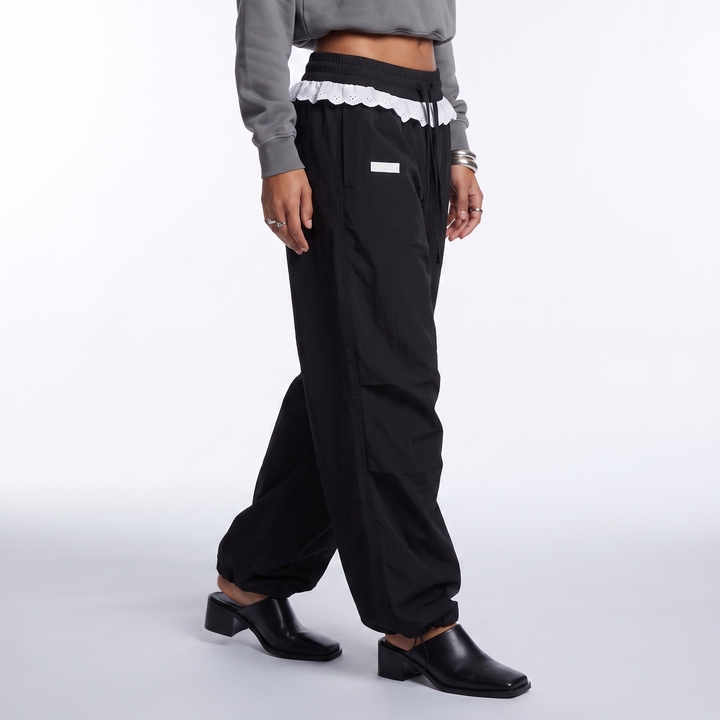 Sunoire women vintage lace patchwork pants y2k streetwear low rise wide leg trousers korean fashion casual black women baggy pants bottom crop 3q 01