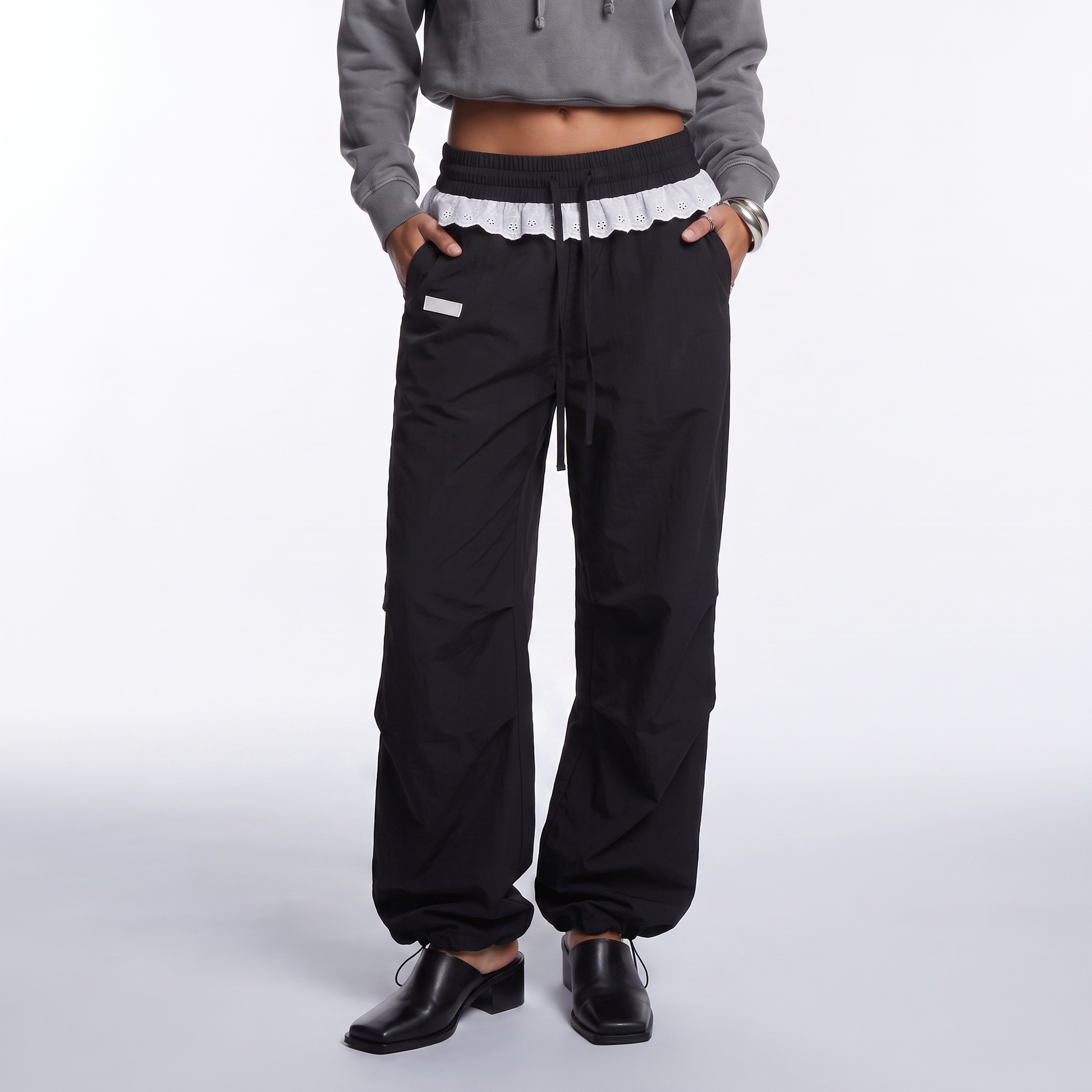 Sunoire women vintage lace patchwork pants y2k streetwear low rise wide leg trousers korean fashion casual black women baggy pants bottom front crop 01