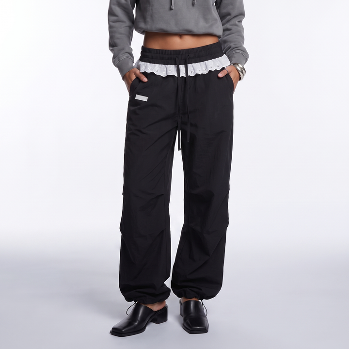 Sunoire women vintage lace patchwork pants y2k streetwear low rise wide leg trousers korean fashion casual black women baggy pants bottom front crop 01