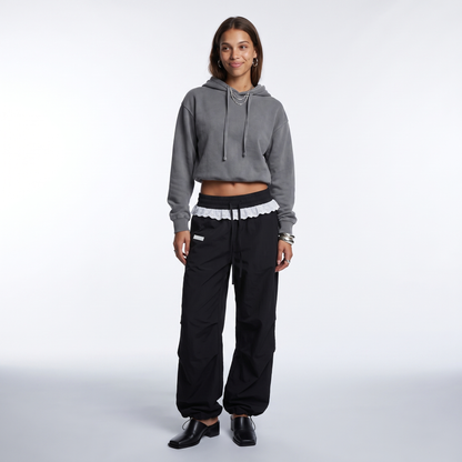 Sunoire women vintage lace patchwork pants y2k streetwear low rise wide leg trousers korean fashion casual black women baggy pants front hero 01