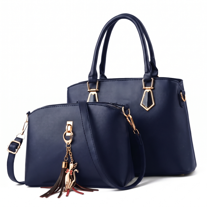 2 Piece Handbag and Purse Set, Top Handle Tote Bag with Crossbody Bag and Tassel Charm, Gift for Her — Navy