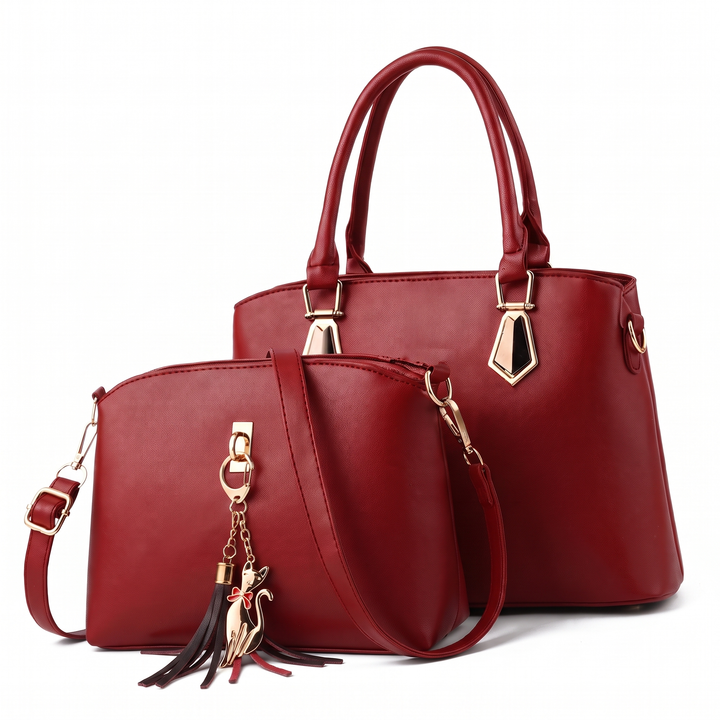 2 Piece Handbag and Purse Set, Top Handle Tote Bag with Crossbody Bag and Tassel Charm, Gift for Her — Red