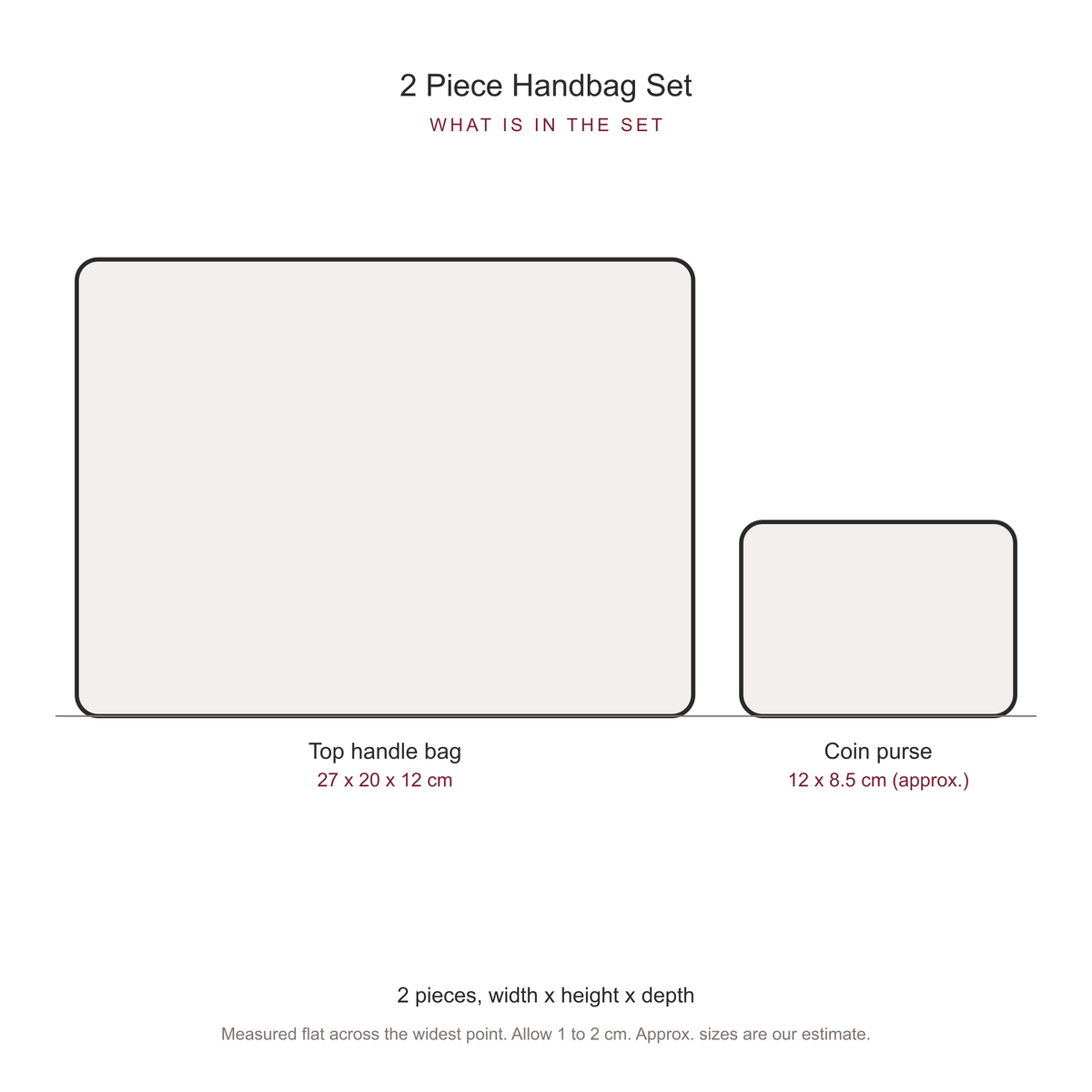 Women's 2 Piece Handbag and Purse Set, dimensions