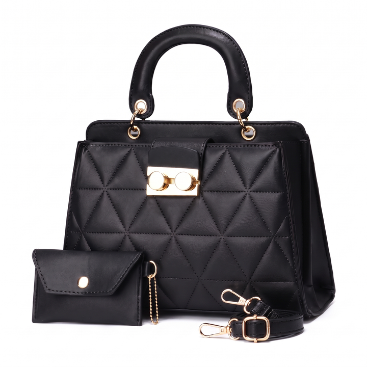 2 Piece Handbag and Purse Set, Quilted Top Handle Bag with Coin Purse, Gift for Her — Black