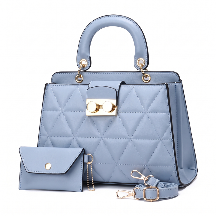 2 Piece Handbag and Purse Set, Quilted Top Handle Bag with Coin Purse, Gift for Her — Light Blue