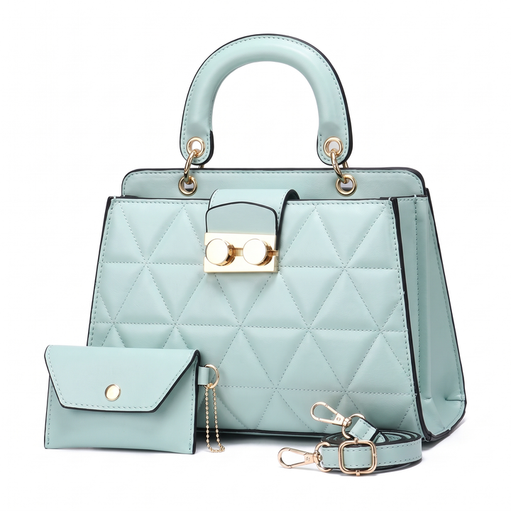 2 Piece Handbag and Purse Set, Quilted Top Handle Bag with Coin Purse, Gift for Her — Mint