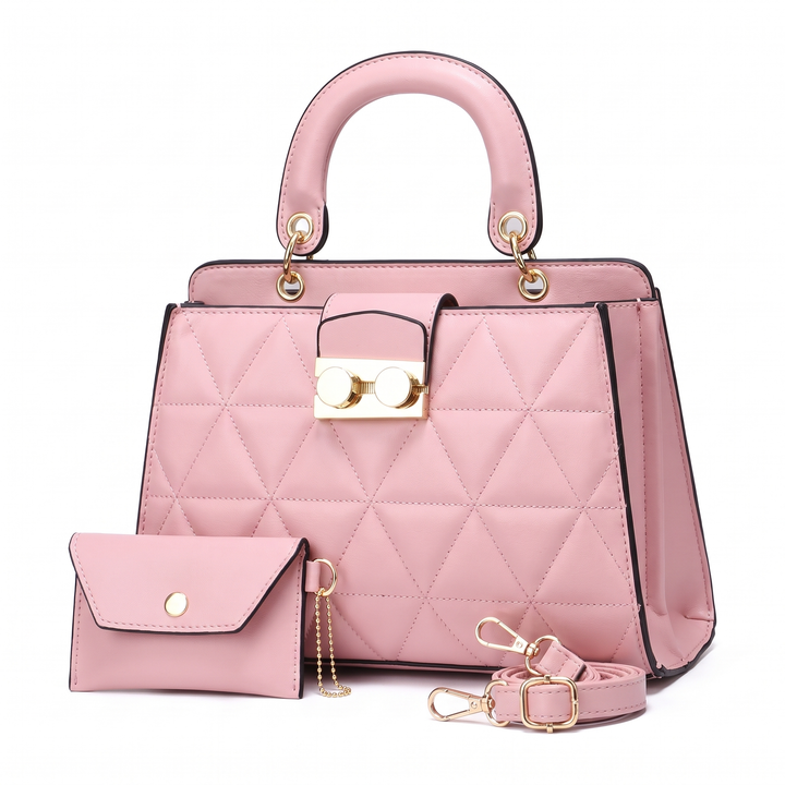 2 Piece Handbag and Purse Set, Quilted Top Handle Bag with Coin Purse, Gift for Her — Pink