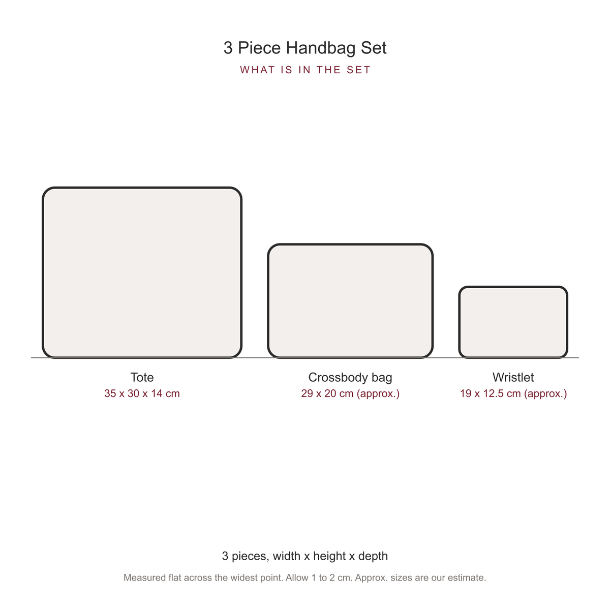 Women's 3 Piece Handbag and Purse Set, dimensions