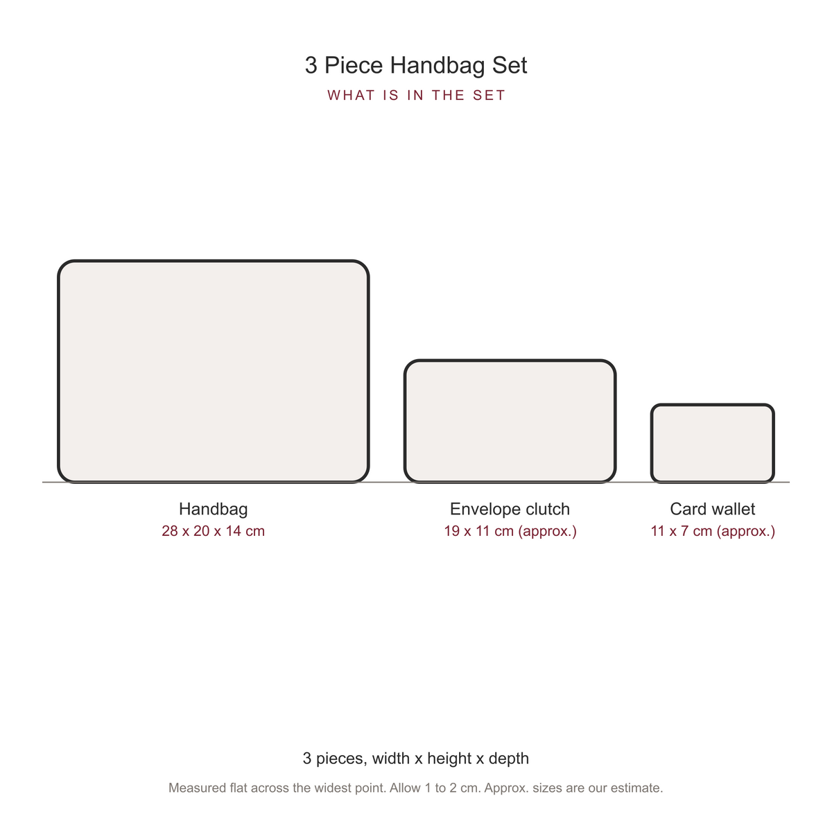 Women's 3 Piece Handbag and Purse Set, dimensions