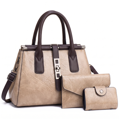 Women's 3 Piece Handbag and Purse Set, the whole set in Beige