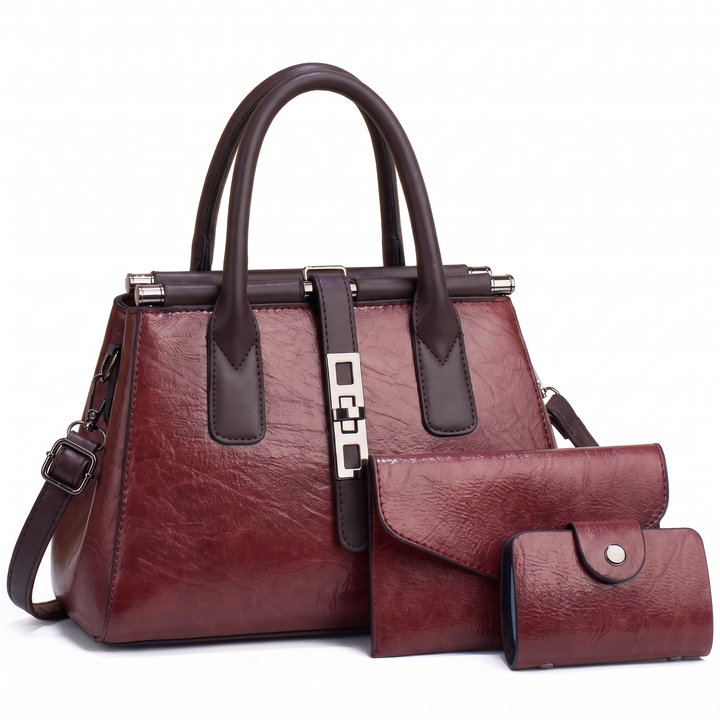 3 Piece Handbag and Purse Set, Top Handle Bag with Clutch and Card Wallet, Gift for Her — Burgundy