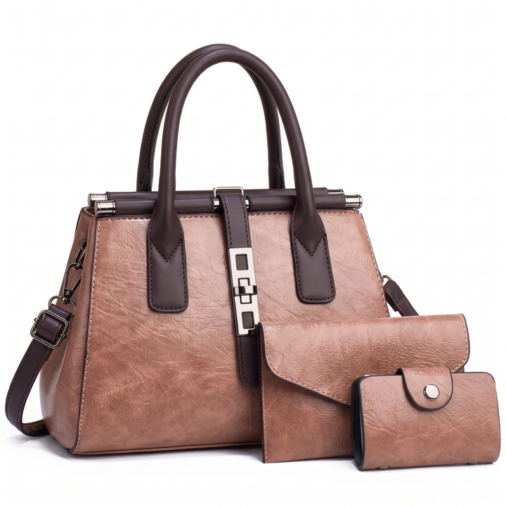 3 Piece Handbag and Purse Set, Top Handle Bag with Clutch and Card Wallet, Gift for Her — Dusty Rose