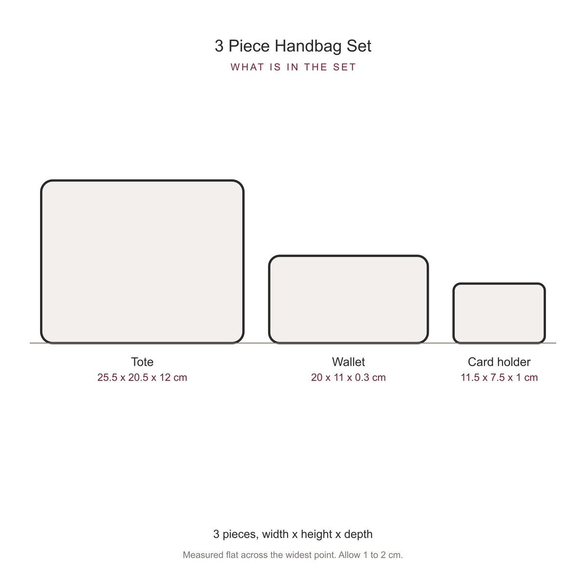 Women's 3 Piece Handbag and Purse Set, dimensions
