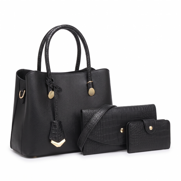 3 Piece Handbag and Purse Set, Top Handle Tote Bag with Wallet and Card Holder, Gift for Her — Black
