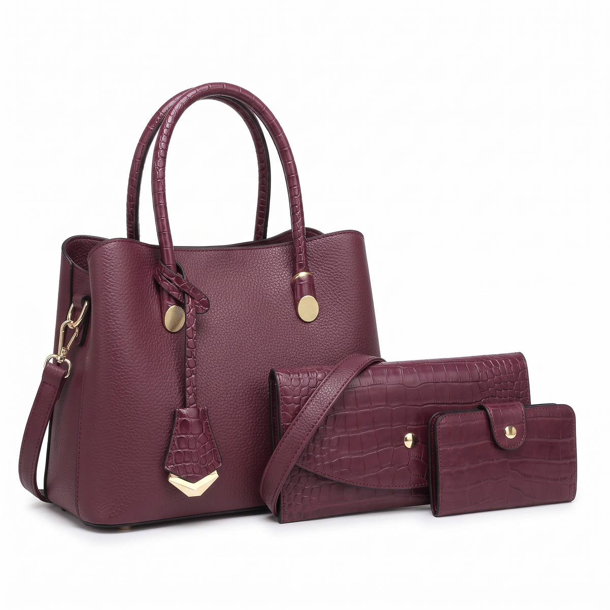 Women's 3 Piece Handbag and Purse Set, the whole set in Plum