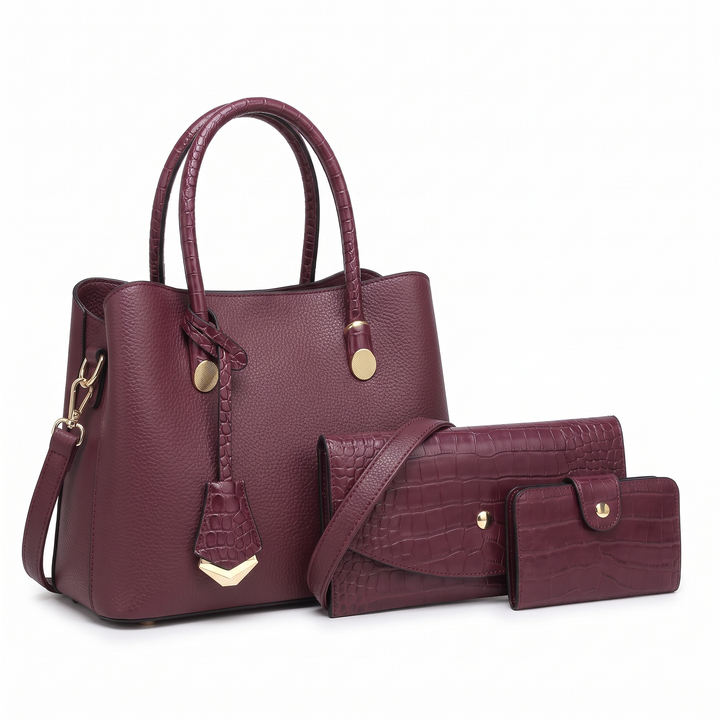 3 Piece Handbag and Purse Set, Top Handle Tote Bag with Wallet and Card Holder, Gift for Her — Plum