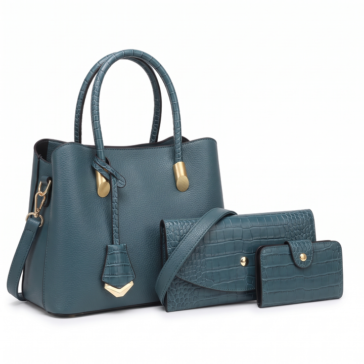 3 Piece Handbag and Purse Set, Top Handle Tote Bag with Wallet and Card Holder, Gift for Her — Teal