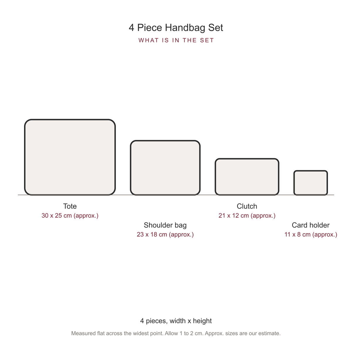 Women's 4 Piece Handbag and Purse Set, dimensions