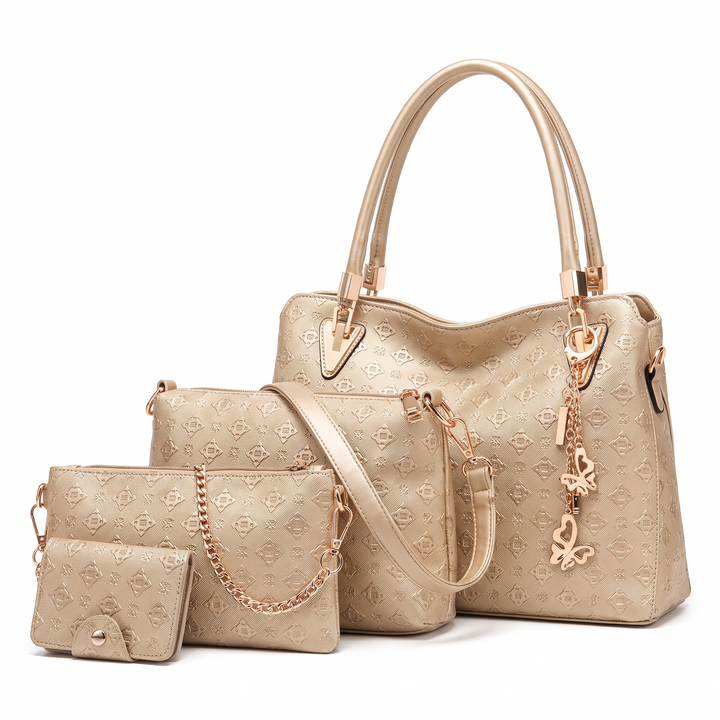 4 Piece Handbag and Purse Set, Embossed Tote Bag with Shoulder Bag, Clutch and Card Holder, Gift for Her — Champagne