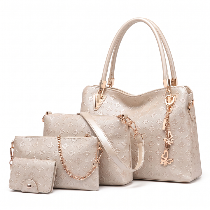 4 Piece Handbag and Purse Set, Embossed Tote Bag with Shoulder Bag, Clutch and Card Holder, Gift for Her — Ivory