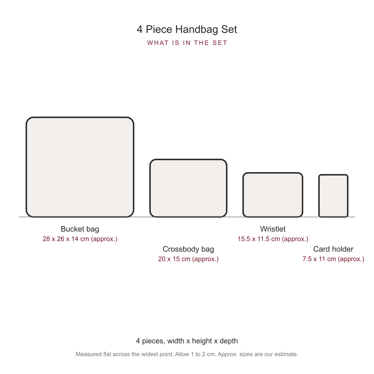 Women's 4 Piece Handbag and Purse Set, dimensions